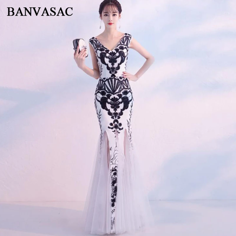 

BANVASAC 2018 Deep V Neck Sequined Mermaid Long Evening Dresses Elegant Party Sleeveless Tulle Backless Prom Gowns