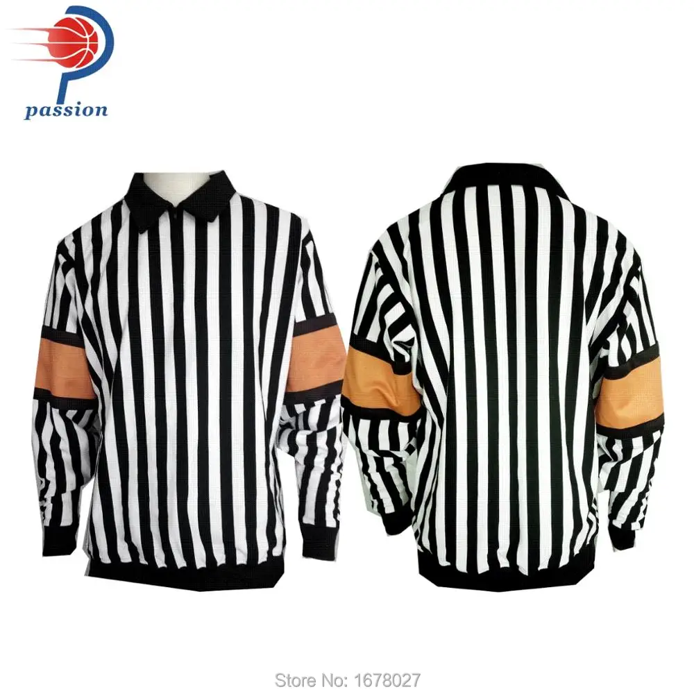 

MOQ 5 pcs $30 Each Black White Ribbing Hockey Referee Jerseys Shirt with 1/4 Zipper Collar and Detachable Orange Black Arm Band