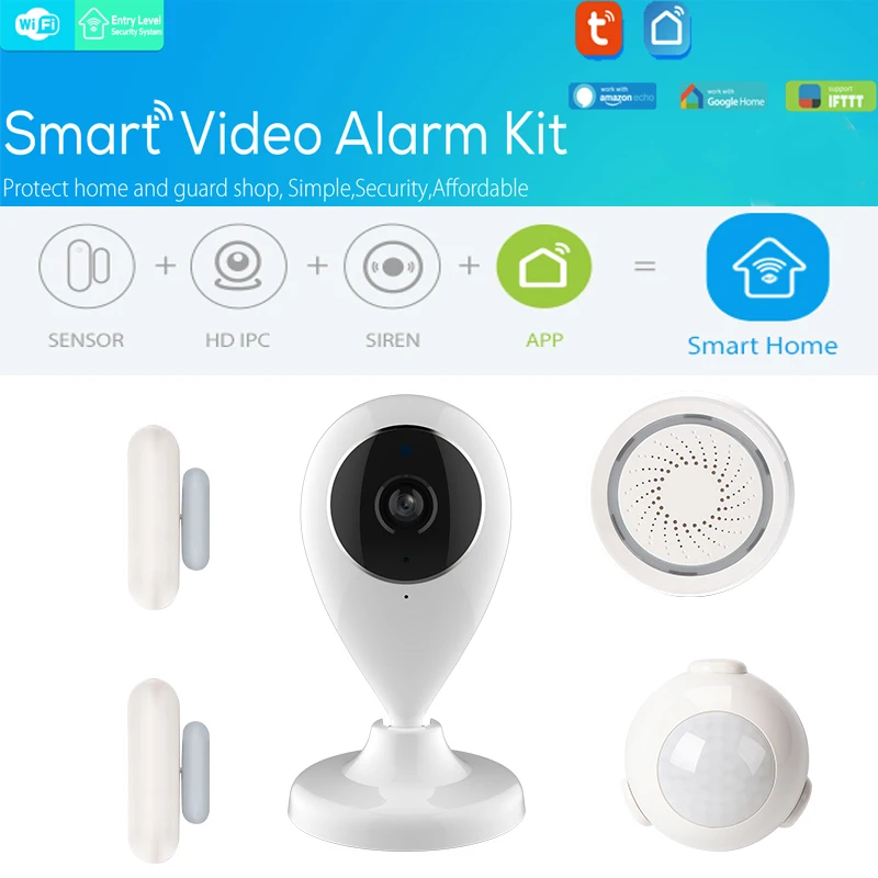 TUYA Smart Home Video Alarm Kit Concluding 720P Cameras 3 sensors 1 Siren Alarm All Support Wifi with SmartLife TUYA Smart APP