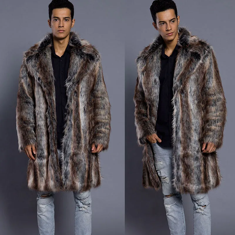 

New Winter Men's Turn-down Collar Faux Mink Fur Coat Printed Striped Long Windbreaker Loose Casual Male Fox Leather Jacket