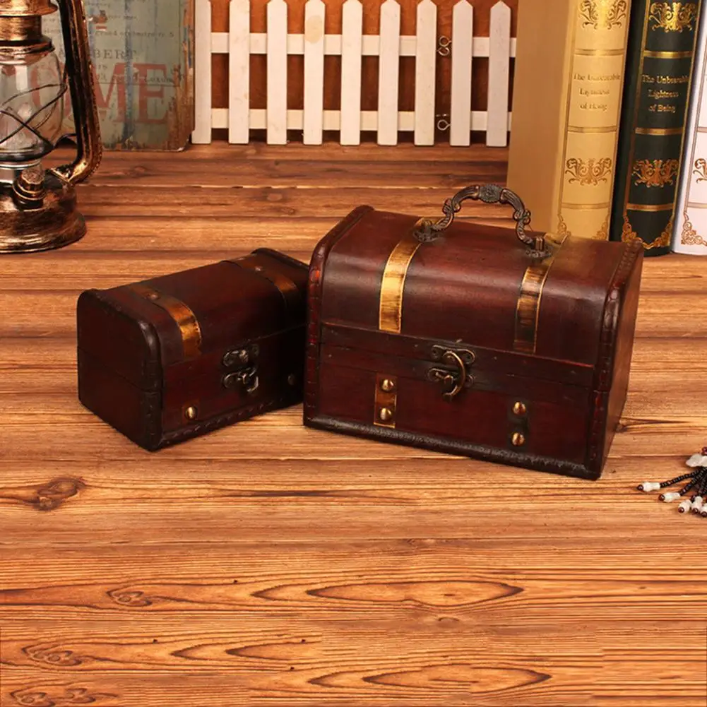 Leather Treasure Chest Decorative Box Wooden Chest Trunk Ornaments Holder Jewelry Wooden Box Vintage Style Suitcase Case