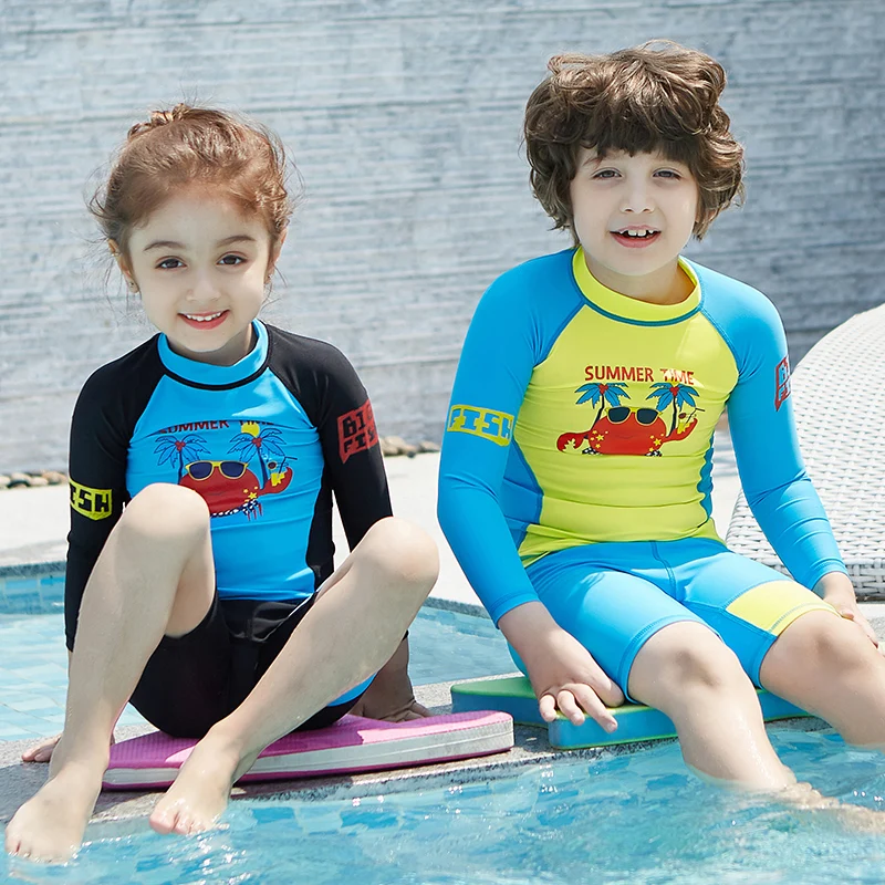 

Children Swimsuits Long Sleeved Boxer Shorts Two Pieces Rash Guards Girl Swimwear Sun Protection Swimming Trunks Bathing Suits