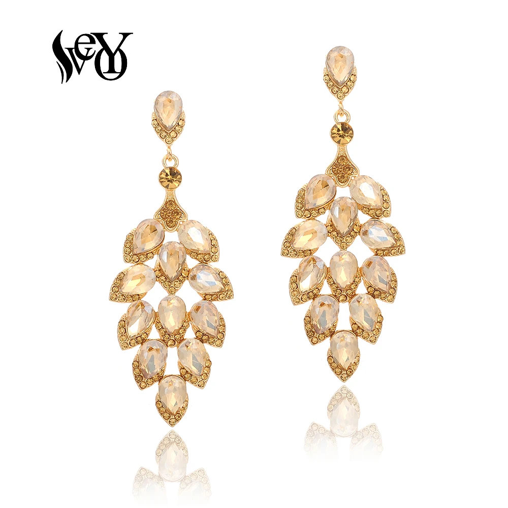 VEYO Wheat Spike Shape Champagne And White Two Color Luxury Elegant Rhinestone Crystal Drop Earrings for Women Fashion Jewelry