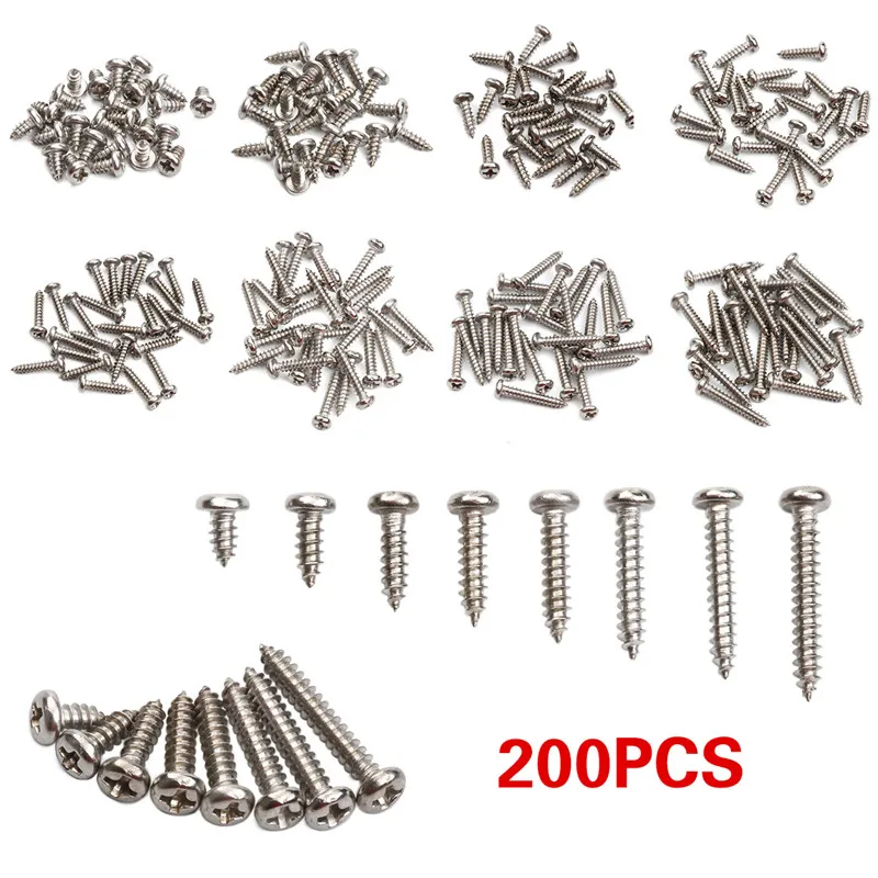 200Pcs M3*6/8/10/12/14/16/18/20 Pan Head Self Tapping Screw Round Head Phillips Truss Mushroom screws Assortment Kits