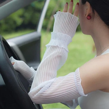女性アームウォーマープリーツ糸ロング新通気性日焼け駆動アームスリーブ指なし手袋レースの手袋白色の固体スポーツ