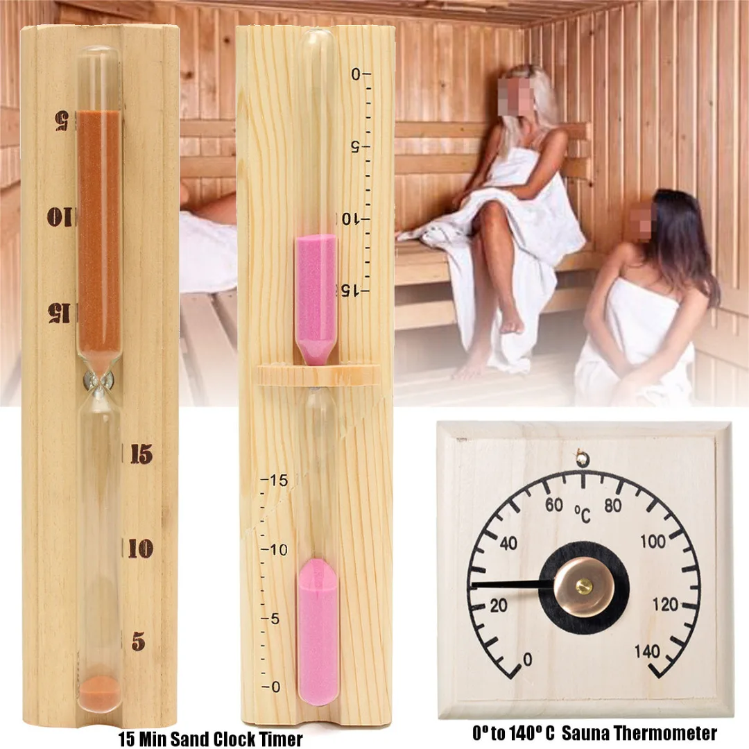 1PC Pine Wood 140º C Sauna Thermometer 15 Minutes Hourglass Sand Timer Clock Bath