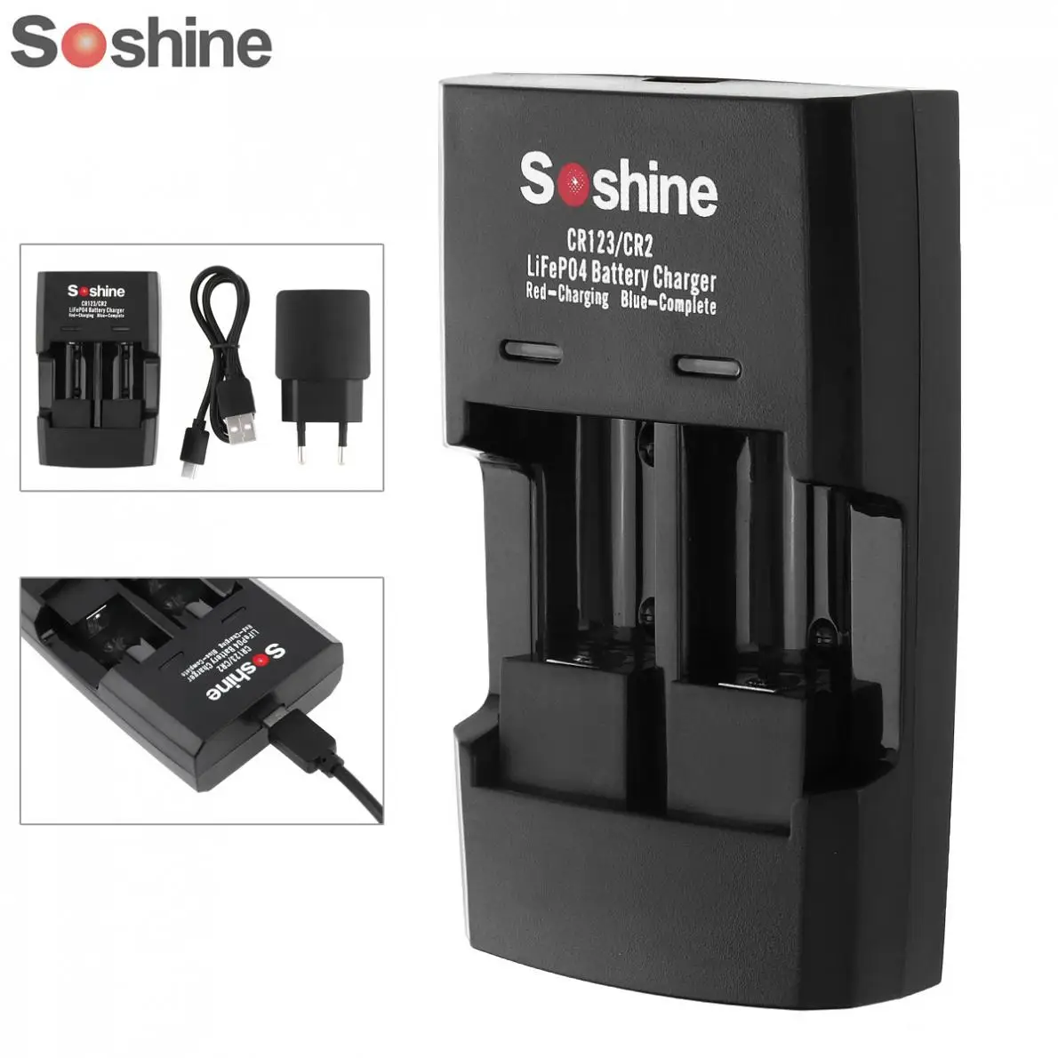 NEW Design Soshine Li-FePO4 RCR 123 / CR2 Battery Intelligent Rapid Charger