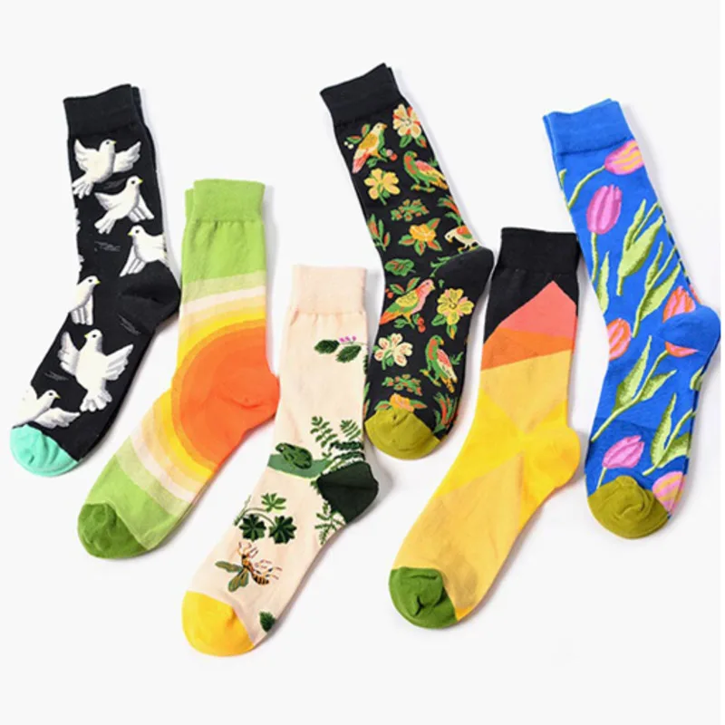 Men Socks Personality Fashion Cartoon Bee Dove Tulip Flower Happy Funny Stitching Harajuku Street Style Male Hip Hop Skate Sock