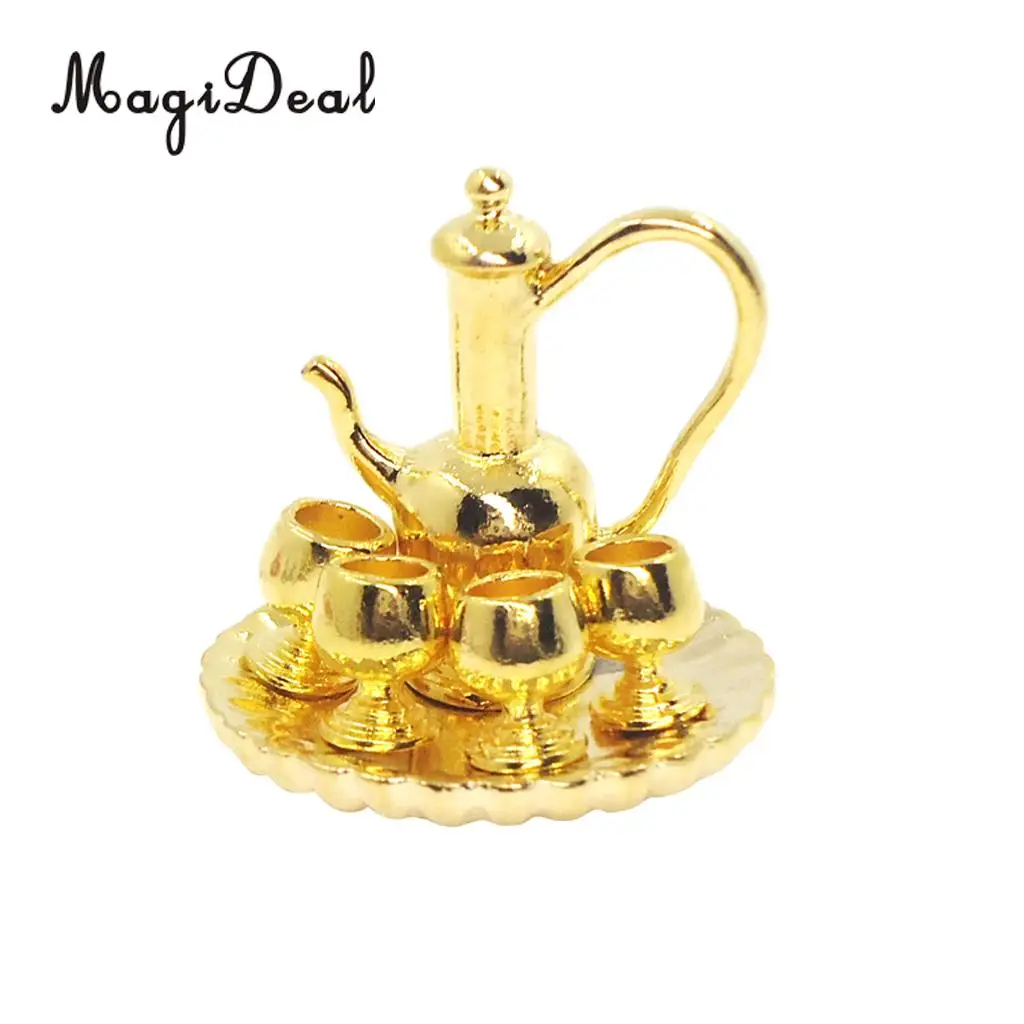 Miniatura de chá e café prateado com bandeja, acessórios para móveis Dollhouse, talheres estilo vintage, 6 peças, escala 1:12