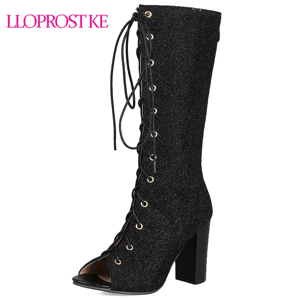 Lloprost Ke Size 33-48 Dikke Hak Vrouwen Schoenen Lace Up Mid Calf Laarzen Leisure Vrouw Zomer Laarzen Peep teen Platform Sandalen H185