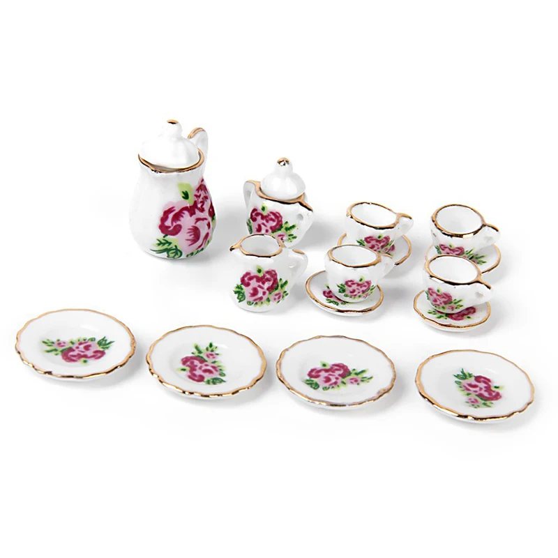 New 15 pieces Porcelain tea set Dollhouse miniature foods Chinese rose dishes cup