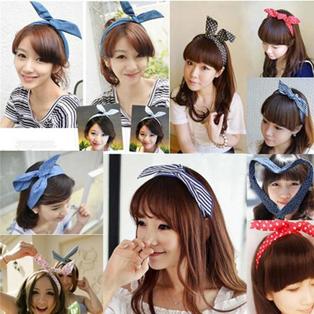 fashion Cute Dots print flower Bunny Rabbit Ear Ribbon Headwear Hairband Metal Wire Scarf Headband Hair Band Accessories