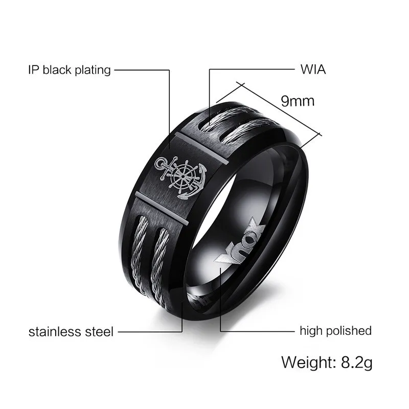 Vnox Men\'s Rudder Ring Personalize Cool Black Stainless Steel Wia Men Jewelry dropshipping Unique Male Gift