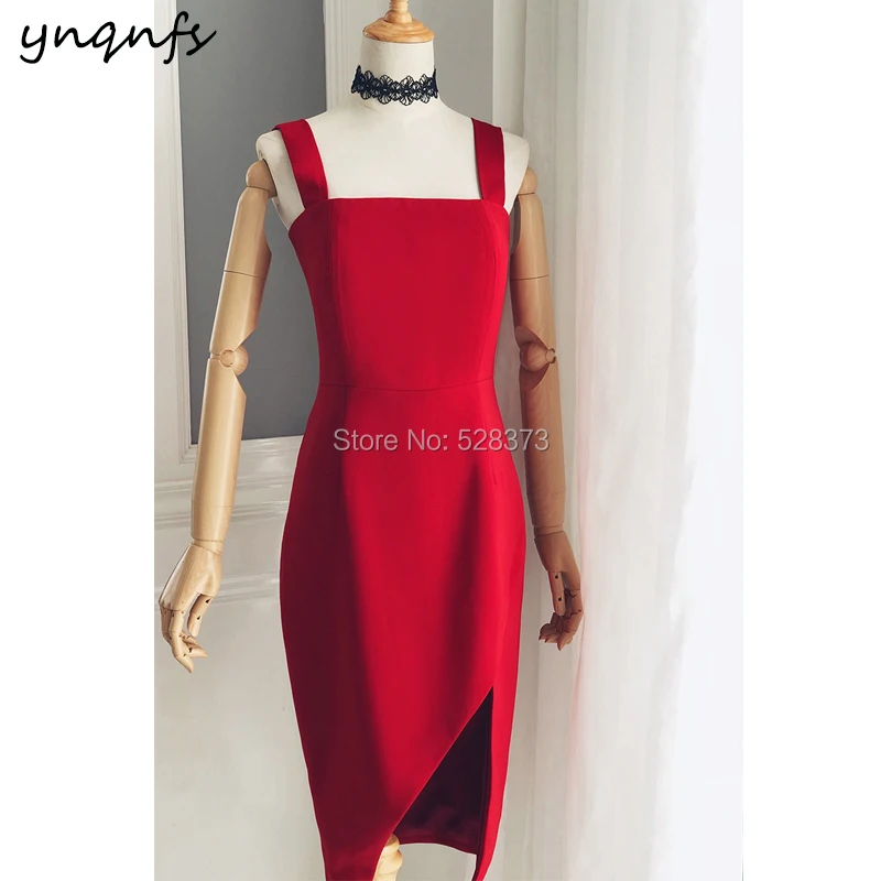 

YNQNFS M155 Elegant High Slit Satin Knee Length Red Bridesmaid Dresses Party Gown Wedding Guest Robe Soiree 2019