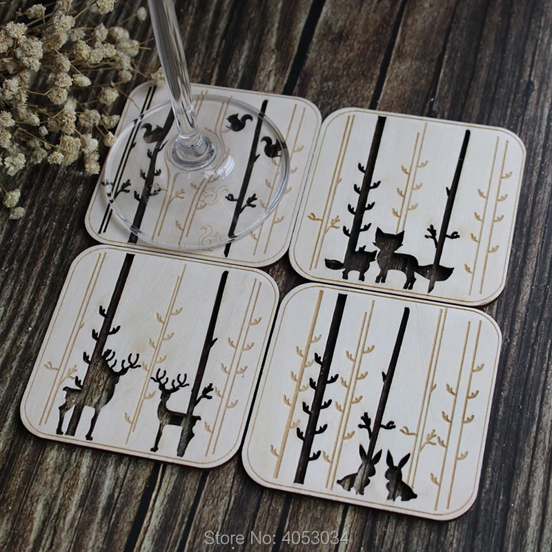 Wood coasters - Laser cut forest animals, Set of 4 wooden coasters, Unique coaster, Modern design coaster, Laser cut drink coast