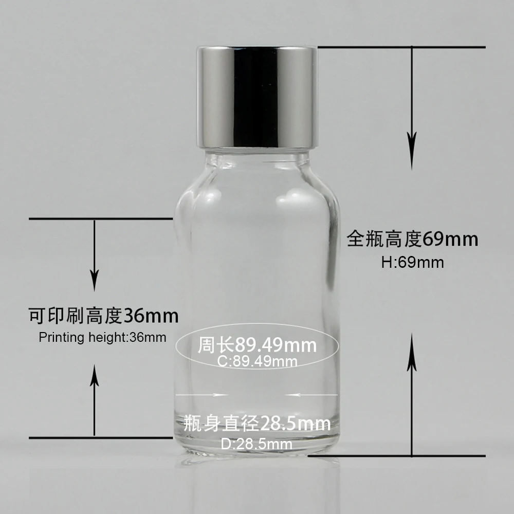 Clear glass cosmetic inner stopper glass bottle 15ml, 100PCS bottles glass with shiny silver lids