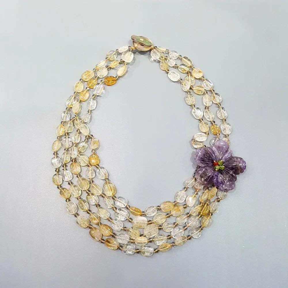 Lii Ji Yellow Purple Necklace Natural Citrine  Amethyst Flower Shell Toggle Necklace Statement Knitting Women Party Jewelry