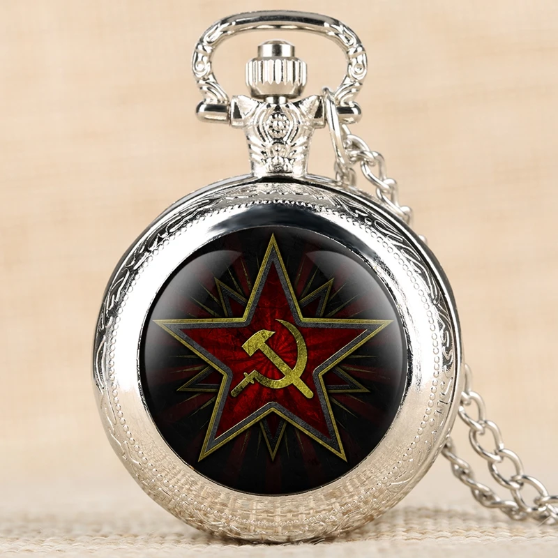 Pentagram Party Emblem USSR Soviet Badges Hammer Sickle Black Quartz Pocket Watch Russian Army CCCP Communism Clock Watch Unisex