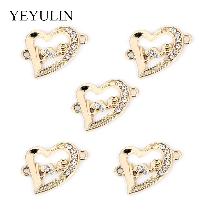 10 Pcs Golden Color Love Heart Shape Alloy  Crystal Connector Bracelet Charm For FIY Fashion Jewelry Making 2.1*2.3cm