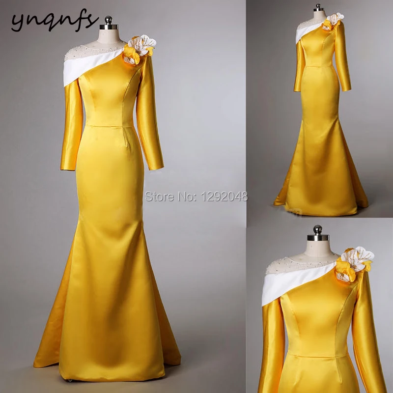 YNQNFS – robe sirène en Satin blanc jaune, à manches longues, avec fleurs faites à la main, pour mère des mariés, 2019, M177