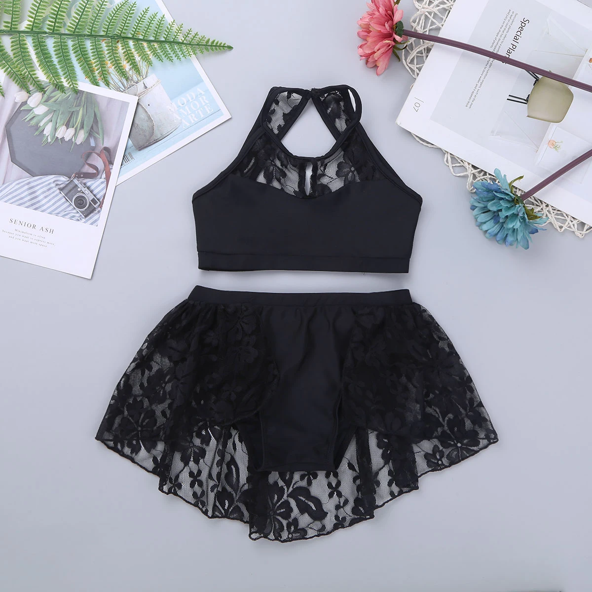 Kids Girls Lace Splice Ballet Tutu Dance Wear Halter Crop Top Shorts Skirt Set Stage Moden Contemporary Lyrical Dance Costumes