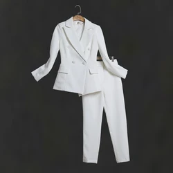 Donne bianco Sottile Vestito Con Pantaloni Vestito Femminile vestito Notch Risvolto Delle Donne di affari Ufficio Smoking Giacca + pantaloni Delle Signore Vestito