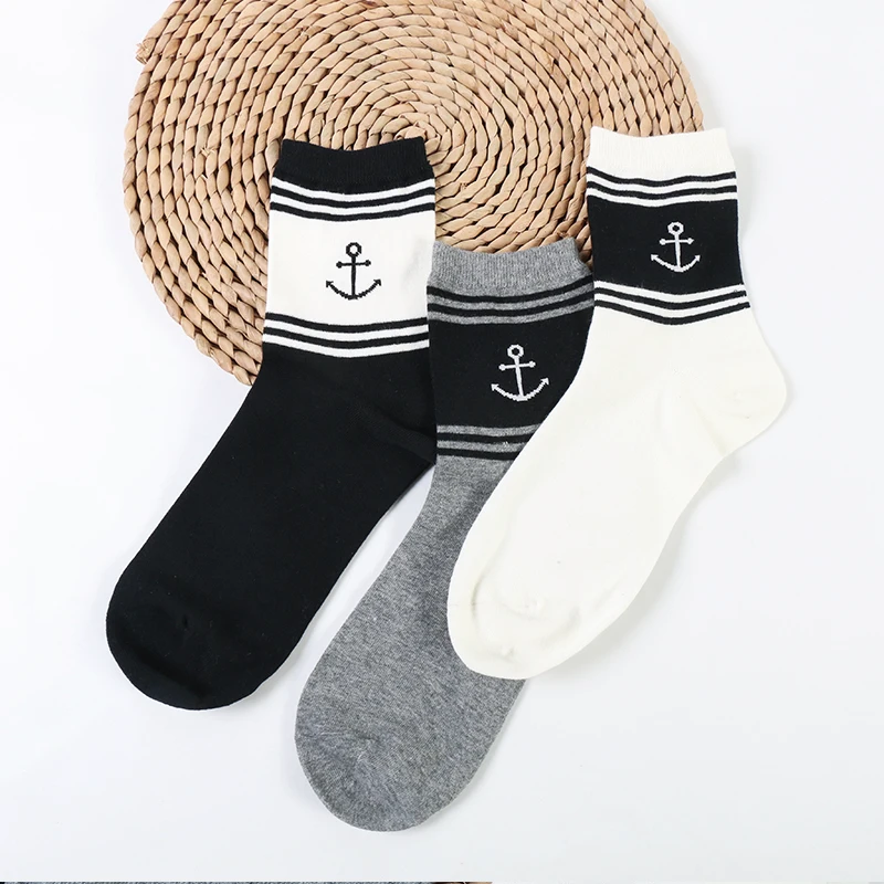 DONG AI 3 pairs combed cotton thickening autumn and winter men's socks hand linking Horizontal bar anchor flower