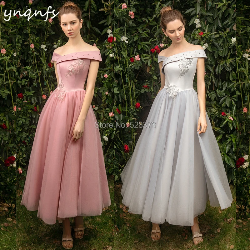 YNQNFS B8 Bridesmaid Dresses Party Guest Wear Graduation Dresses Vintage Off Shoulder Tea Length Soft Tulle Vestido Curto