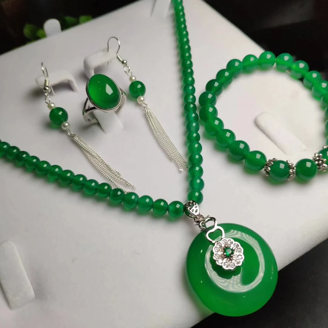 

Koraba 4 шт. 925 стерлингового серебра естественного зеленого цвета в форме пончика нефритовый драгоценный камень бисер ожерелье браслет серьги для женщин комплект ювелирных изделий