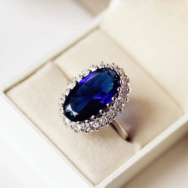 Fashion Big Long Oval dark blue stone Rings white gold color Cubic Zirconia Party Jewelry For Women Decorate festival gift