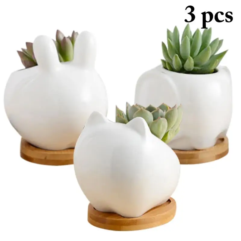 

3pcs Flower Pots Mini Animal Shape Flowerpot Garden Unbreakable Plastic Nursery Pots For Succulent Plants With Bamboo Base