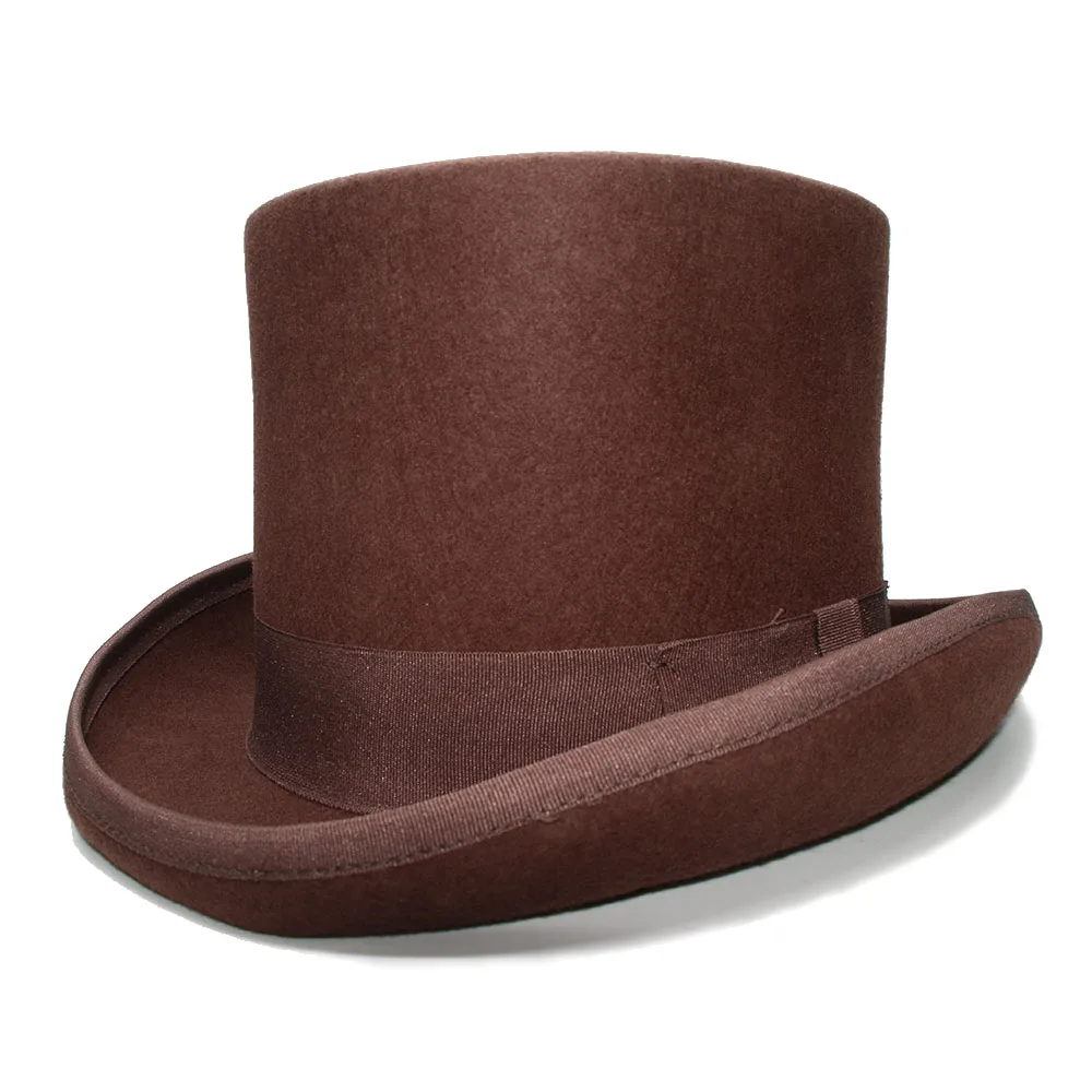 13cm Height Retro Women\'s Men\'s Brown Color Top Round Flat Top Wool 100% Vintage Magician President Lincoln Gentleman Bowler Hat