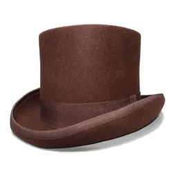 13cm Height Retro Women's Men's Brown Color Top Round Flat Top Wool 100% Vintage Magician President Lincoln Gentleman Bowler Hat