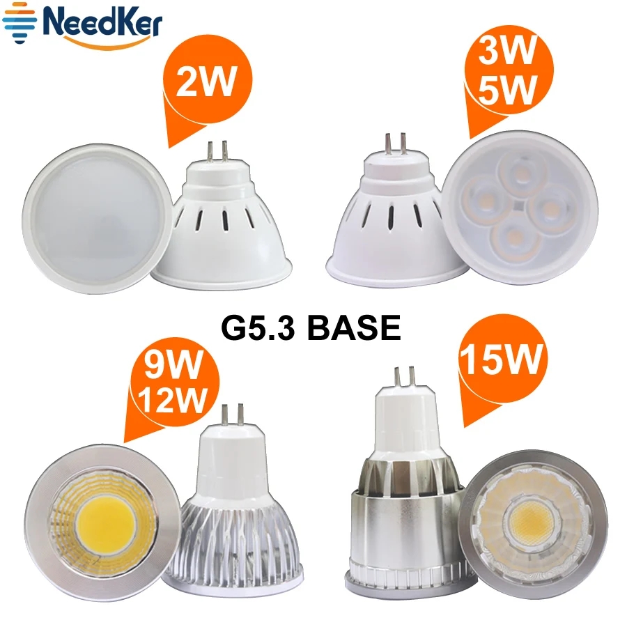 NeedKer-LED 램프 GU10 G5.3 LED 전구, 2W 3W 5W 9W 12W 15W AC 110V 220V, Lampada LED 콘덴서 조명 Cob 스포트라이트, 에너지 절약