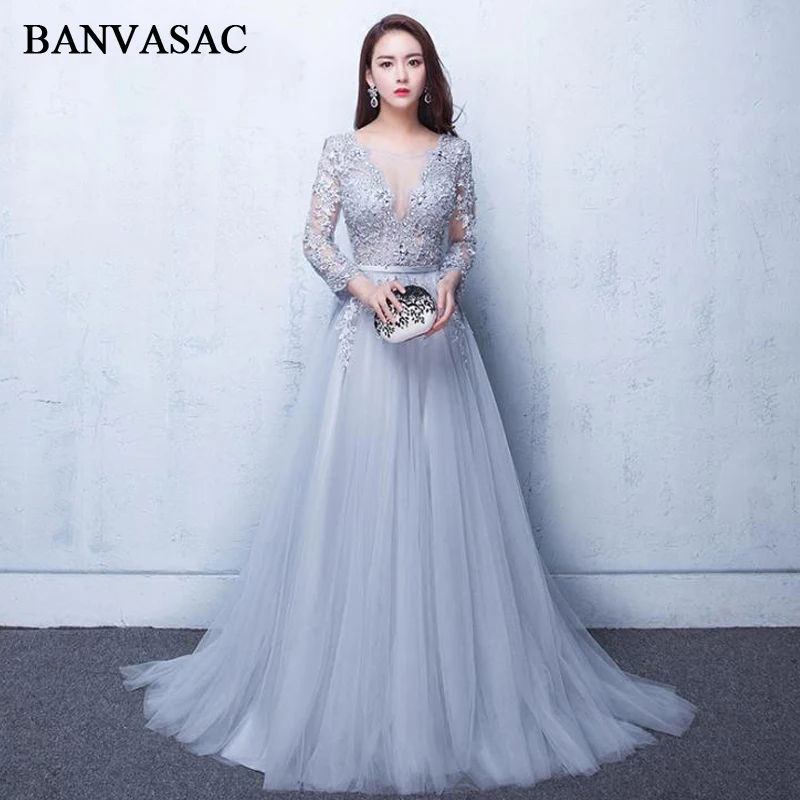 

BANVASAC 2019 Illusion O Neck Lace Appliques A Line Long Evening Dresses Party 3/4 Sleeve Sash Backless Prom Gowns