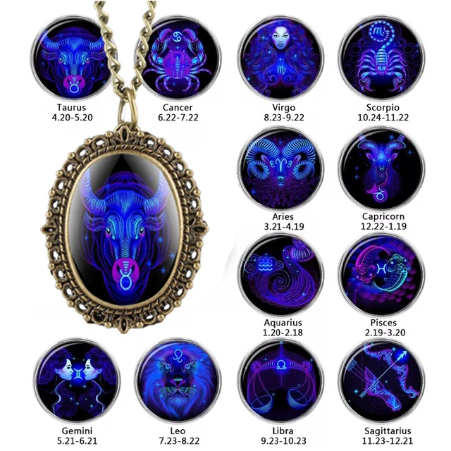 Nowy 12 konstelacji astrologia owalny kieszonkowy zegarek unikalny fluorescencyjny niebieski naszyjnik z zodiakiem wisiorek kwarcowy urodziny prezent dla przyjaciela