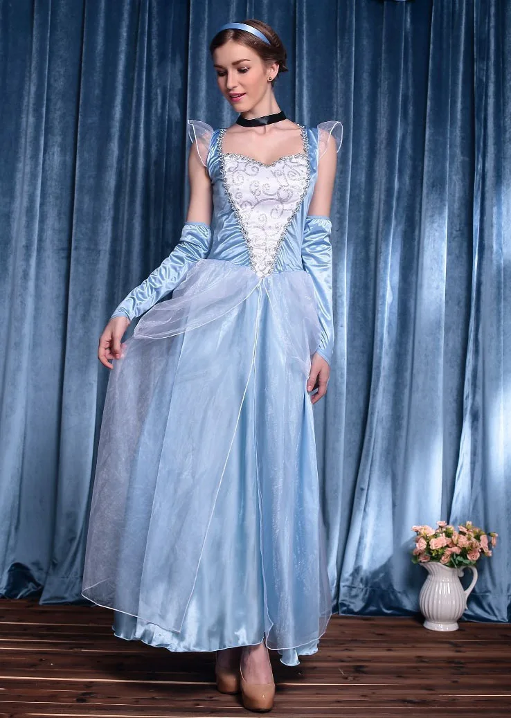 

Halloween Cinderella Princess Fancy Dress Adult Women Blue Long Dress Hen Party Snow Princess Costume
