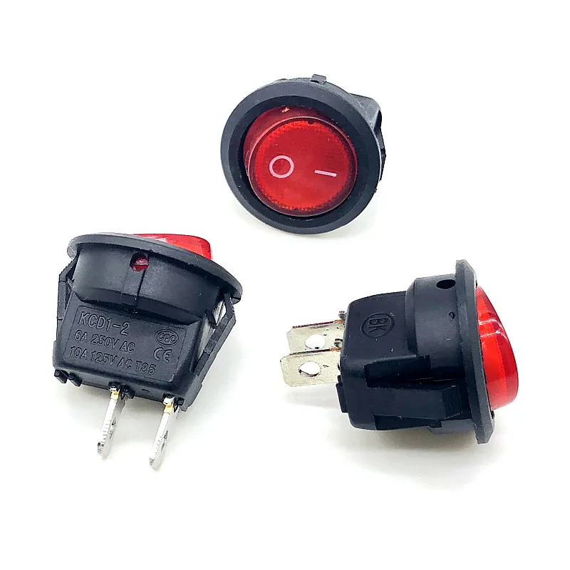 10pcs/lot Red Button ON-OFF SPST KCD1-2 Round Rocker Switch 2PIN 6A/250V 10A/125V AC 20MM Hole