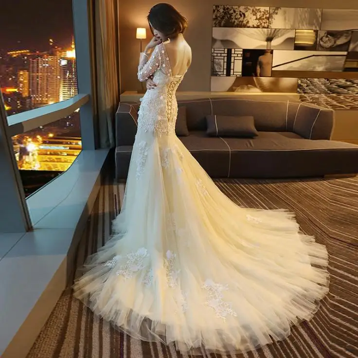 VENSANAC Sequined O Neck Lace Appliques Mermaid Wedding Dresses Illusion Long Sleeve Sweep Train Backless Bridal Gowns