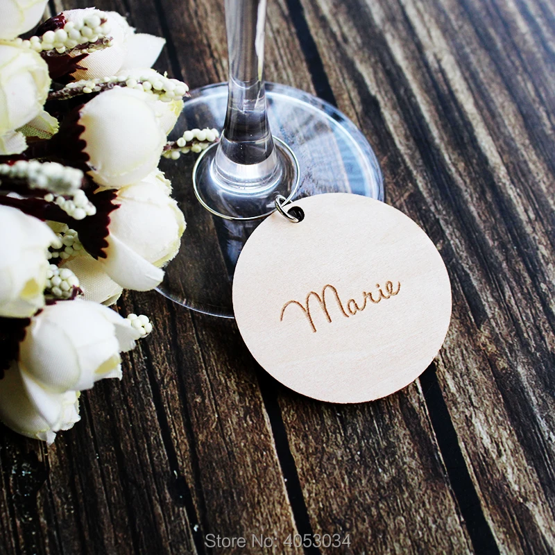 Personalised circular shaped glass charm, Wedding Favour Ideas, Wooden Wine Glass Charms, Name place settings, favours, Hen Do C