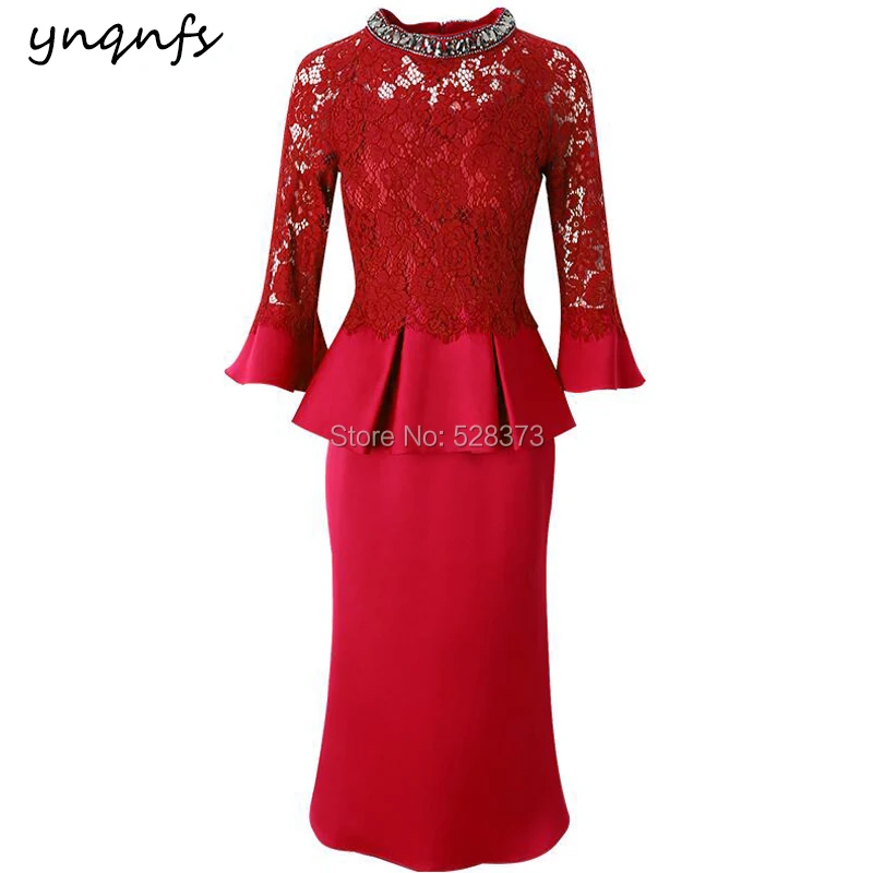YNQNFS M142 Crystal High Neck Fuchsia Mother of the Bride Lace Dresses 3/4 Sleeve Robe Cocktail Vestido Festa Party Gown 2025