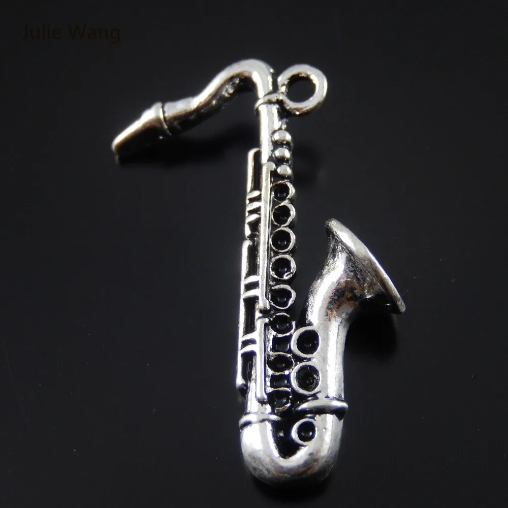 Julie Wang 2/5/10PCS Sax Shape Charms Alloy Antique Silver Color Necklace Jewelry Making Pendant Musical Instrument Accessory