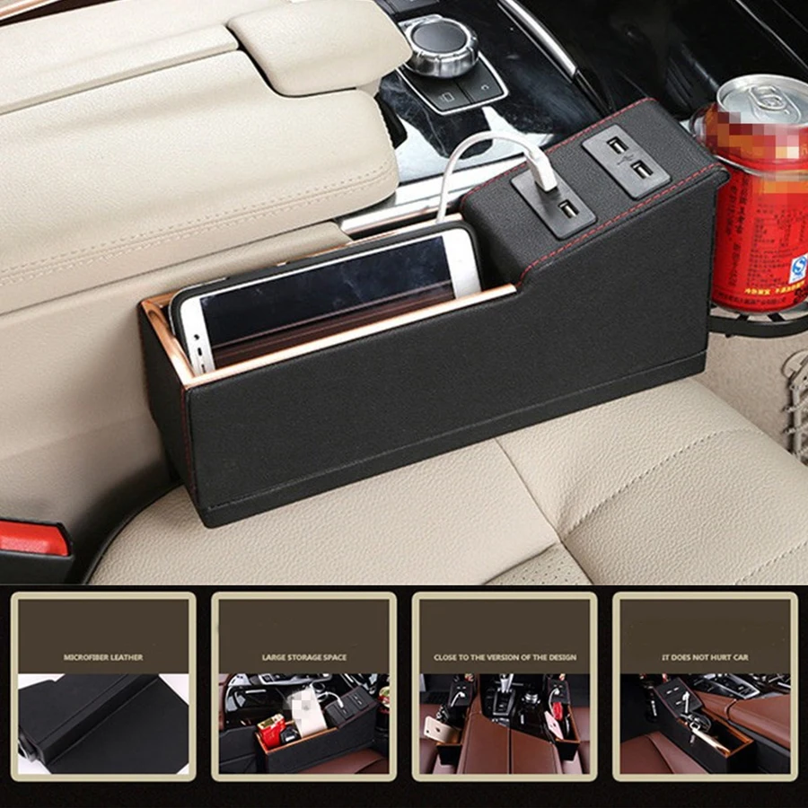 1 Pair Universal Car Styling PU Leather 4 USB Car Charge Seat Gap Creative Storage Box Organizer Cup Drink Holder