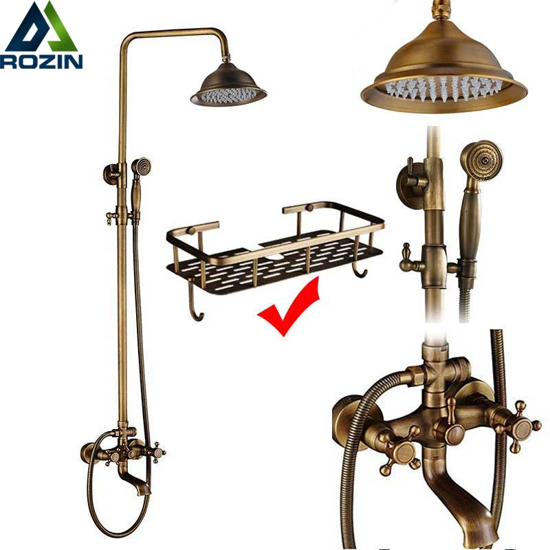 Rozin Brass Antique Bathroom Shower Faucet Set Wall Mount Dual Handle with Handshower + Shelf Brass Bathroom Shower Mixer Tap