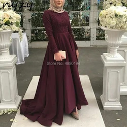 NYZY MW7 Dubai Arabic Muslim Evening Dress Hijab Long Sleeves Burgundy Satin Dress High Low Elegant Formal Dress Party Gown 2019