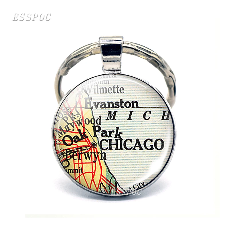 American Cities Map Glass Pendant Keychain New York Chicago New Orleans Tulsa Fashion Souvenir Keyring Jewelry Gift For Traveler