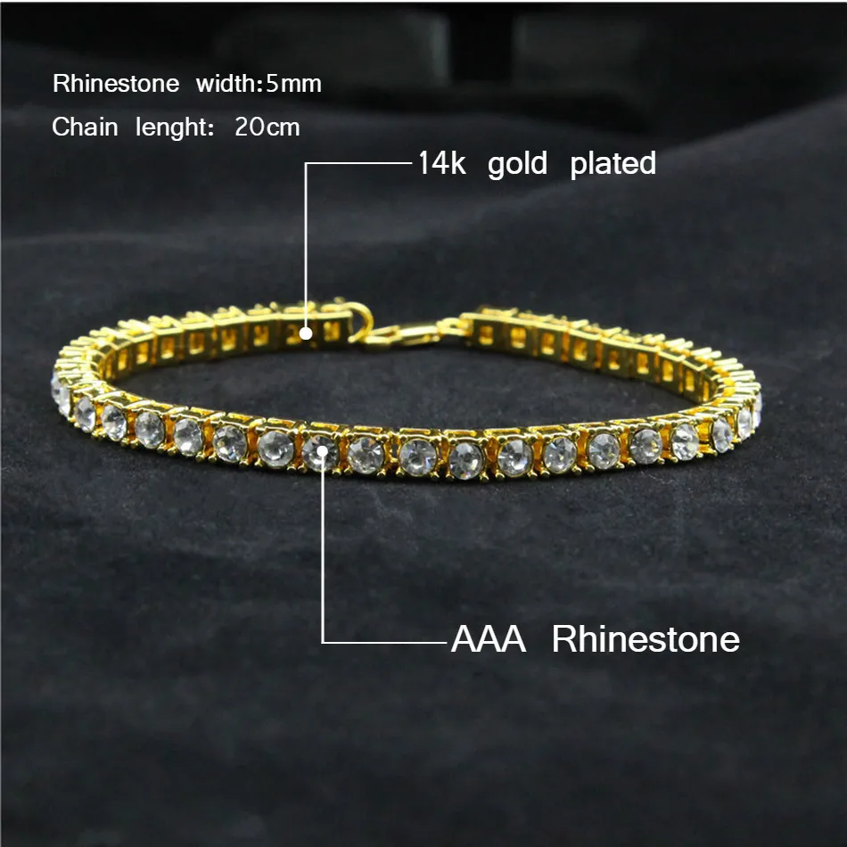 UWIN 8inch Hip hop Men Bracelet color/Gold Iced Out 1 Row Rhinestones Chain Bling Crystal Bracelet Women 20cm Drop Shipping