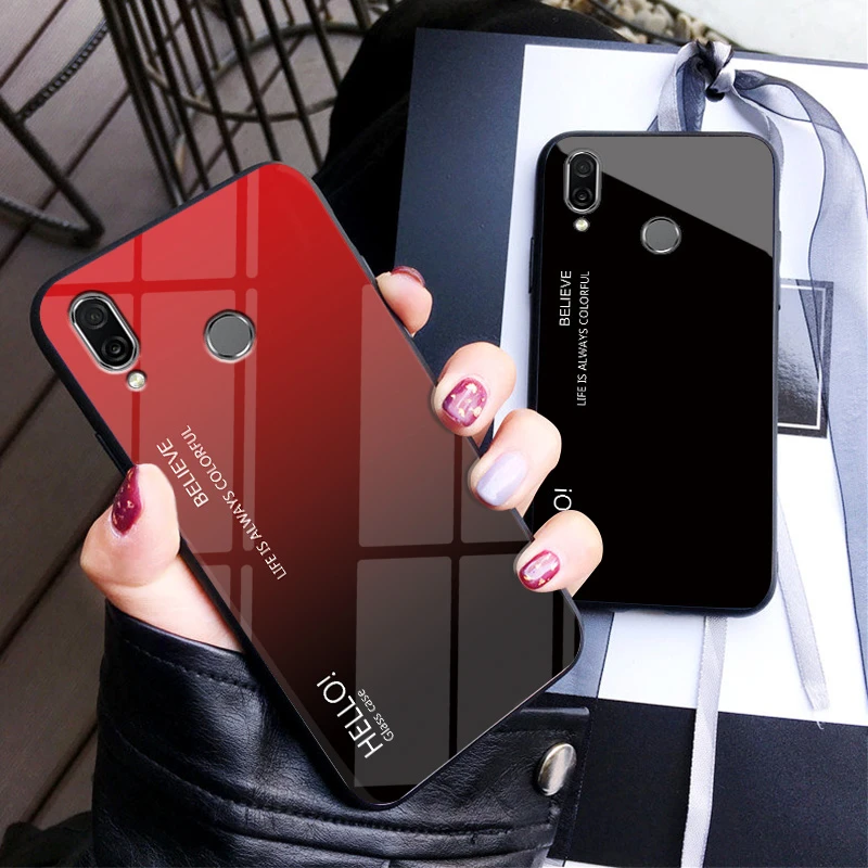 

Gradient Tempered Glass Phone Case For Huawei P Smart 2019 Case Colorful Back Cover Soft Bumper Shockproof Fundas