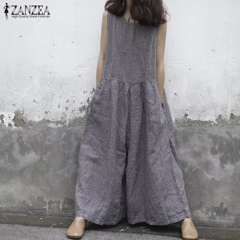 

Summer Rompers ZANZEA Women Sleeveless Plaid Jumpsuits Casual Vintage Checked Wide Leg Overalls Ladies Cotton Linen Jumpsuits