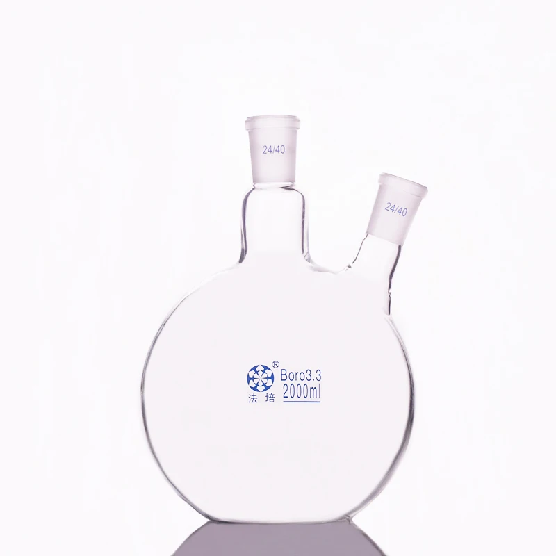 

Two-necked flask oblique shape,with two necks standard grinding mouth,Capacity 2000ml 24/40,Two-necked flat bottom flask